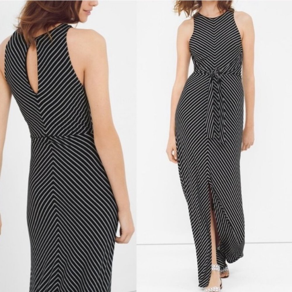 WHBM Chevron Striped Tie Front Maxi White Black Sleeveless Dress XS